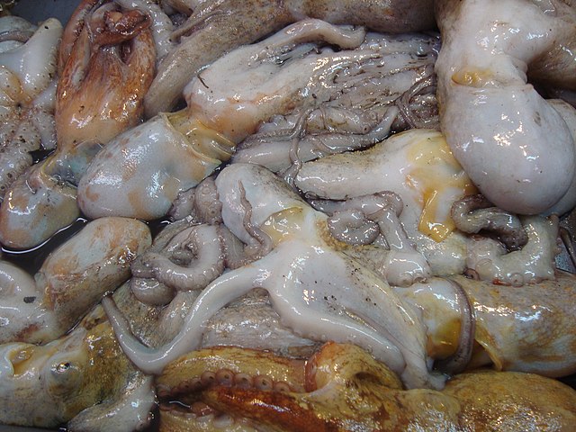 Eating live octopus: Close-up of several raw octopuses piled together, showing their slimy texture and tentacles, likely prepared for cooking or sale at a seafood market
