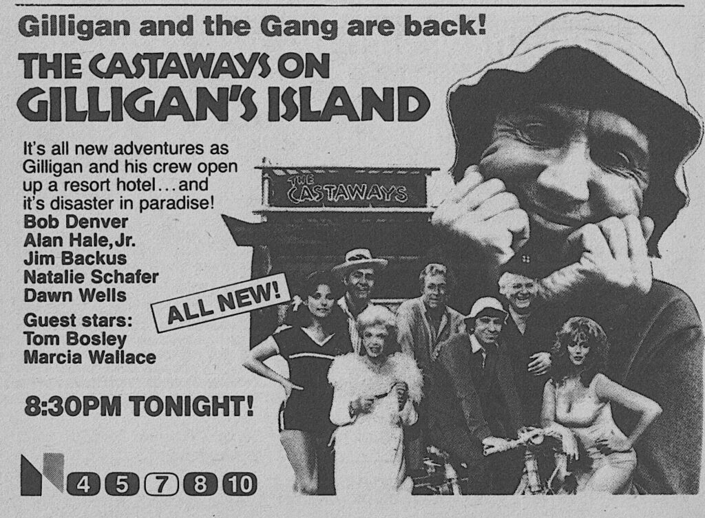 Vintage newspaper ad for The Castaways on Gilligan’s Island featuring a large image of Gilligan with the cast, promoting the TV movie as 'all new adventures