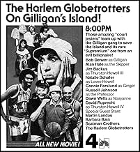  A vintage TV advertisement for The Harlem Globetrotters on Gilligan's Island, featuring black-and-white images of the cast and promotional text detailing the movie’s plot and cast members.