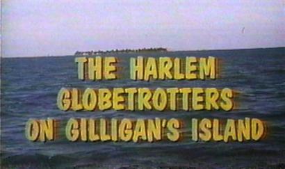 Title card from the TV movie The Harlem Globetrotters on Gilligan’s Island, featuring large yellow text against an ocean background with a small island visible in the distance.