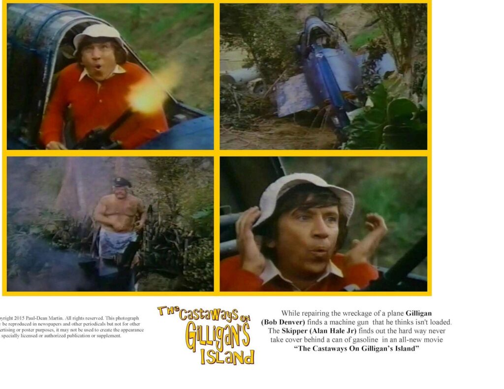 Three scenes from The Castaways on Gilligan's Island featuring Gilligan firing a machine gun, an old airplane wreckage, and the Skipper caught in a mishap