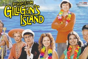 The cast of Rescue from Gilligan's Island standing together in tropical attire with the show's logo in the background, along with a tropical island and ocean setting.