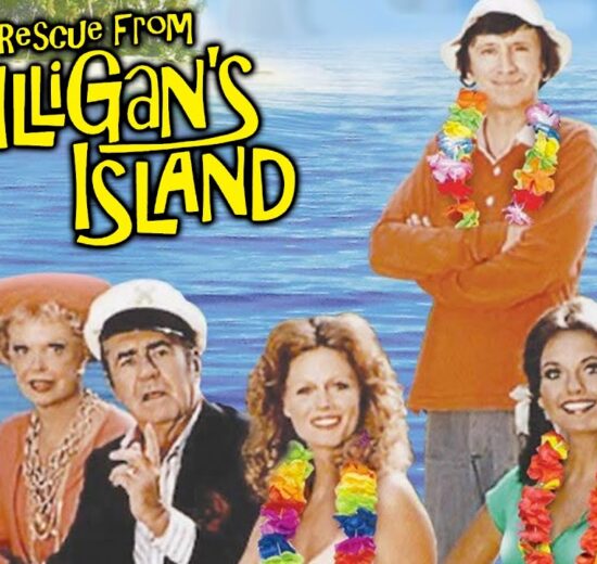 The cast of Rescue from Gilligan's Island standing together in tropical attire with the show's logo in the background, along with a tropical island and ocean setting.