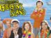 The cast of Rescue from Gilligan's Island standing together in tropical attire with the show's logo in the background, along with a tropical island and ocean setting.