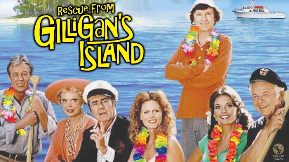 The cast of Rescue from Gilligan's Island standing together in tropical attire with the show's logo in the background, along with a tropical island and ocean setting.