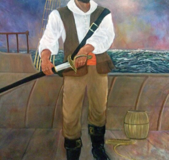 Painting of Puerto Rican pirate Roberto Cofresí standing aboard a ship holding a sword, wearing a red headscarf, white shirt, and brown vest and trousers, with a stormy sea and sky in the background.
