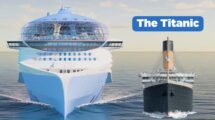 A side-by-side visual comparison between the Titanic and the Icon of the Seas, with the modern ship significantly larger, displaying their lengths and gross tonnages.