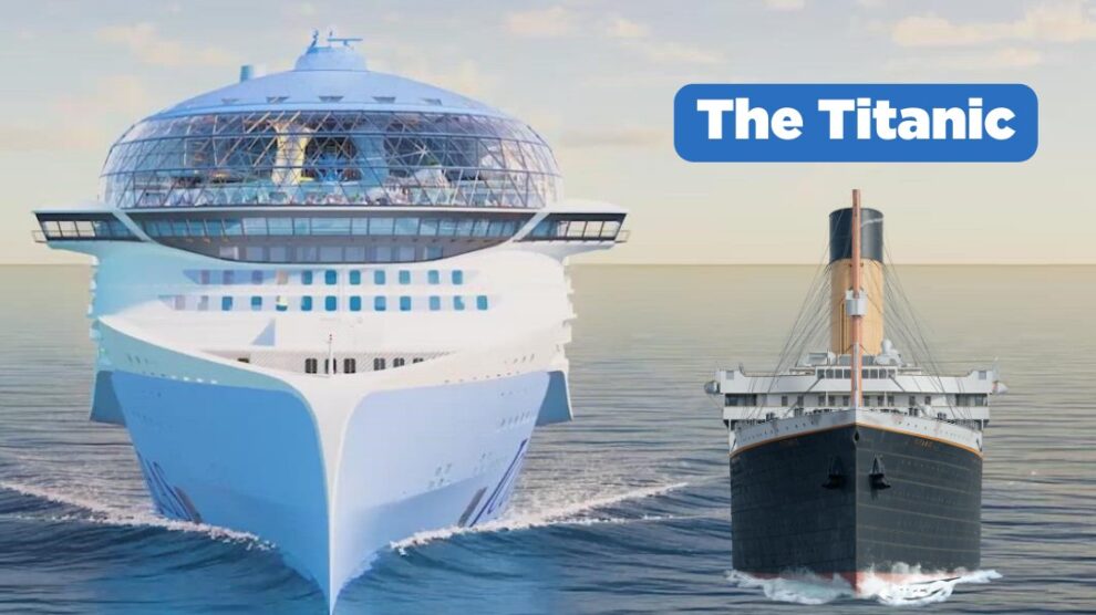 A side-by-side visual comparison between the Titanic and the Icon of the Seas, with the modern ship significantly larger, displaying their lengths and gross tonnages.