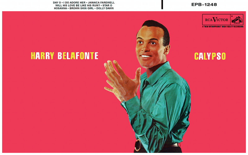 Harry Belafonte wearing a green shirt, smiling with his hands raised, set against a vibrant red background. The album title "Calypso" and his name are displayed in bold yellow text.