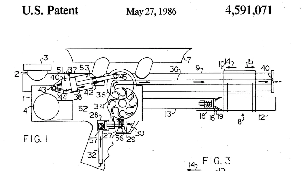 A diagram from a U.S. patent for a water gun, showing technical schematics and labeled components.