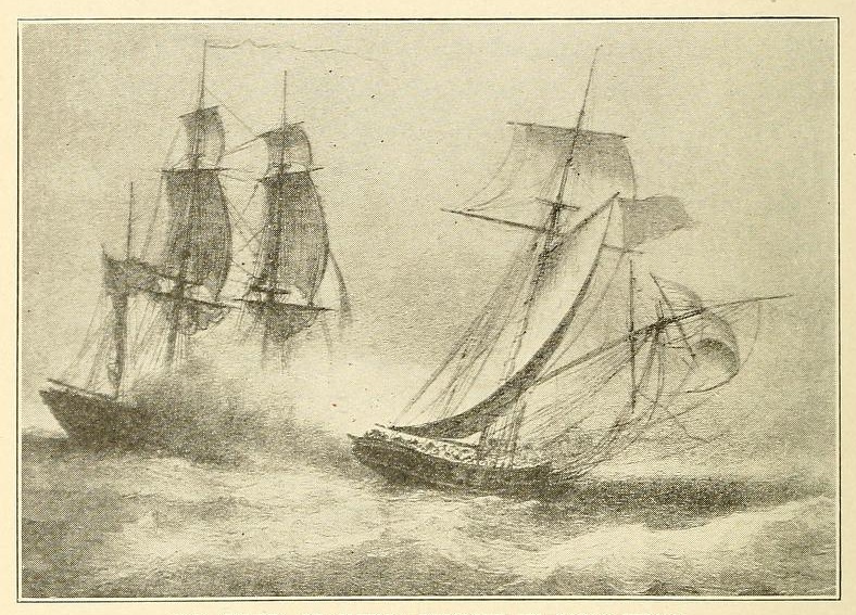 Illustration of two ships engaged in a sea battle during rough weather. The ship on the right, El Mosquito, is being captured by another larger vessel with smoke from cannon fire visible.