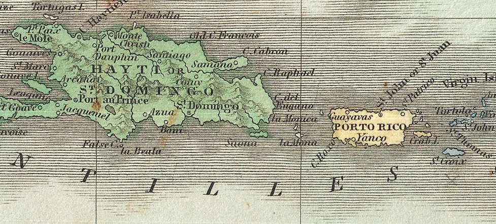 Historical map of the Caribbean islands of Hispaniola and Puerto Rico, showing ports, towns, and coastal regions with French and Spanish place names.