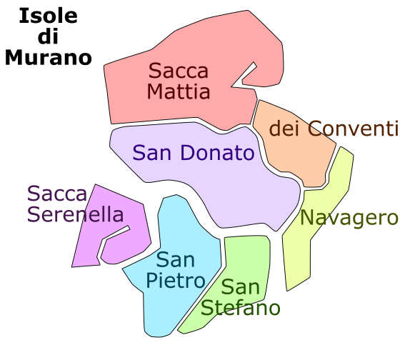 A labeled map of Murano, Italy, showing different districts: Sacca Mattia, San Donato, dei Conventi, Navagero, San Stefano, San Pietro, and Sacca Serenella, each in a different color.