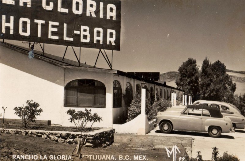 A black-and-white photo of Rancho La Gloria Hotel-Bar in Tijuana, Mexico, one of the locations claimed to be where the Margarita cocktail was invented.