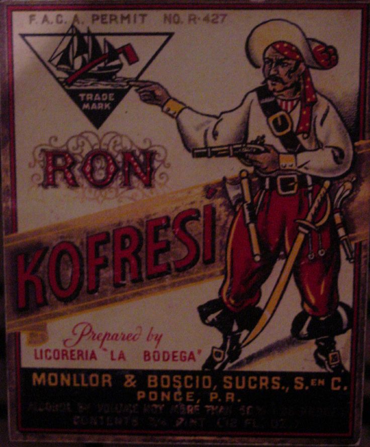 Vintage label for Ron Kofresí rum, featuring an illustration of pirate Roberto Cofresí in full pirate attire, holding a pistol and cutlass, with bold lettering and a sailing ship trade mark.