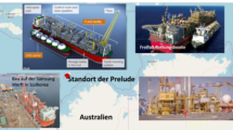 Composite image of Prelude FLNG, showing a labeled diagram of the vessel, photos of the operational vessel, construction at Samsung Shipyard, and a map indicating its location off Australia's coast.