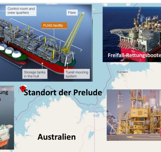 Composite image of Prelude FLNG, showing a labeled diagram of the vessel, photos of the operational vessel, construction at Samsung Shipyard, and a map indicating its location off Australia's coast.