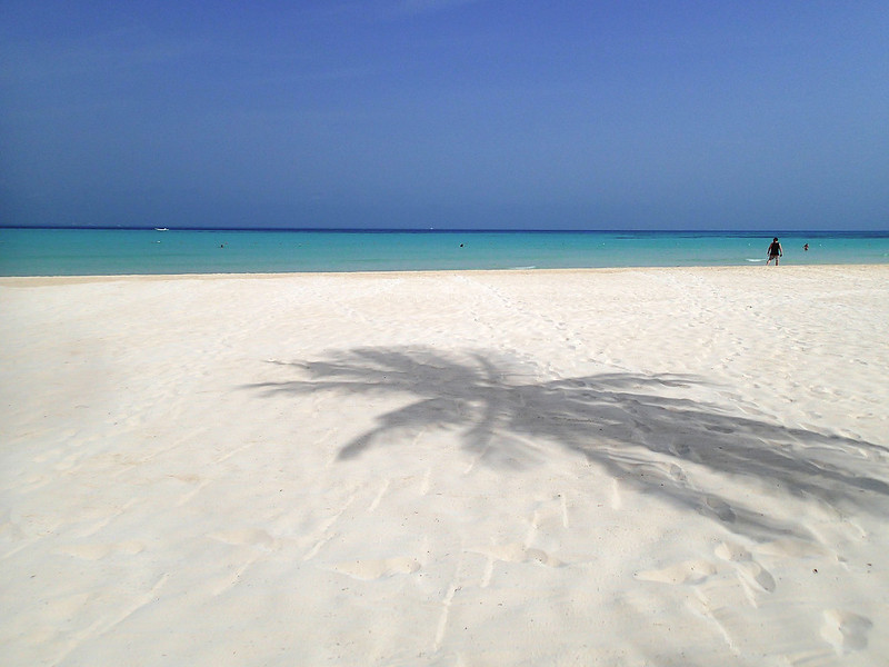 A clear beach at Playa Norte with white sand and turquoise water, with the shadow of a palm tree visible.