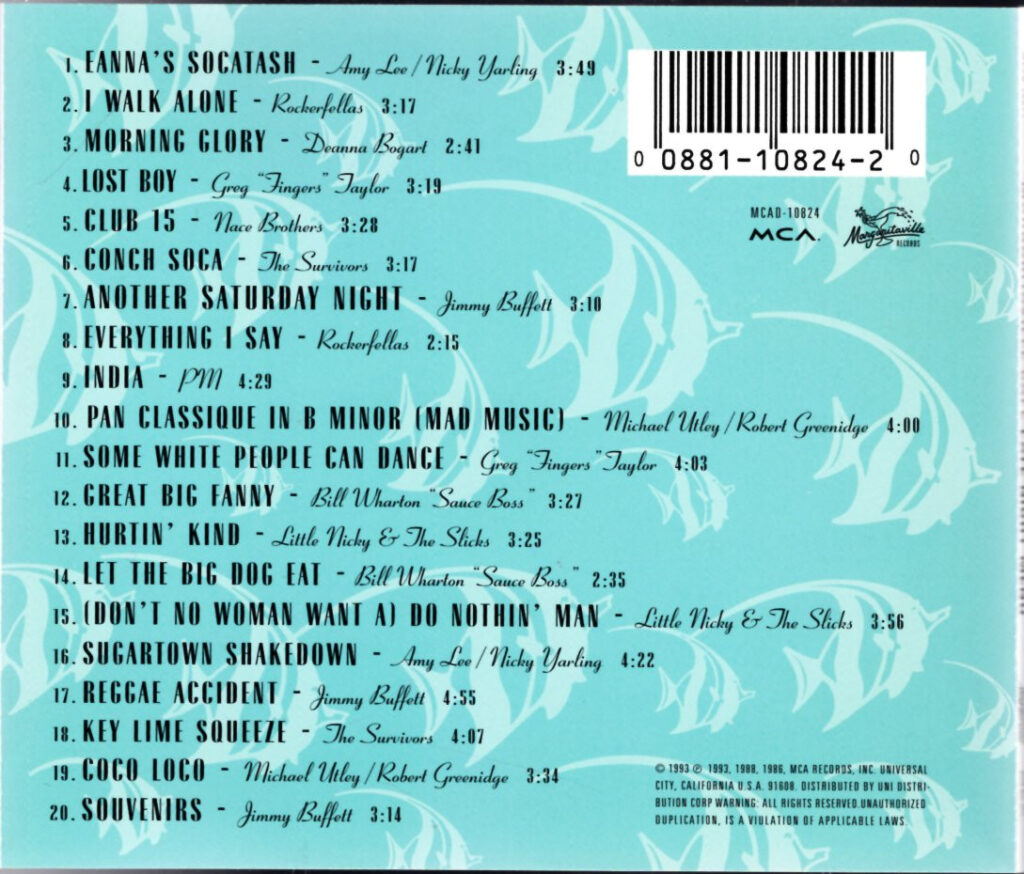 Back cover of the 1993 album Margaritaville Cafe: Late Night Menu, featuring a turquoise fish-themed design and a tracklist with 20 songs, including three by Jimmy Buffett.