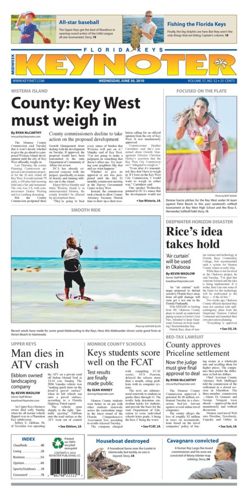 Front page of the Florida Keys Keynoter from June 30, 2010, featuring local news, sports, and environmental updates.