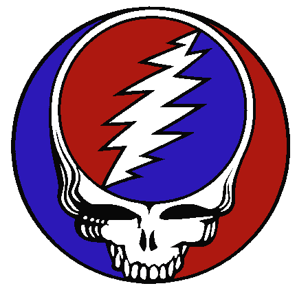 The "Steal Your Face" logo featuring a skull with a red and blue divided background and a white lightning bolt through the center.