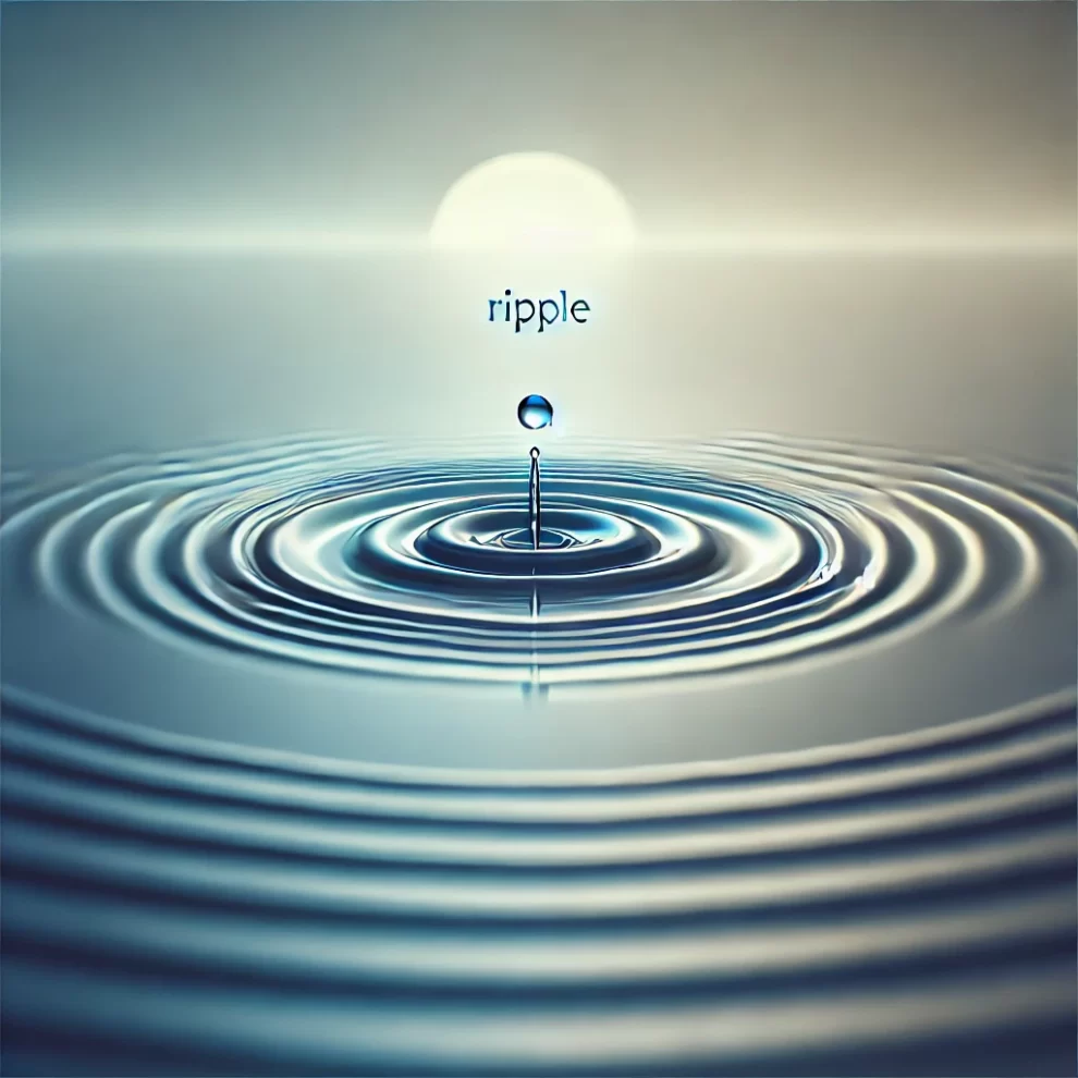 Image of a calm water surface with a ripple effect emanating outward from a single drop of water, symbolizing tranquility and interconnectedness.
