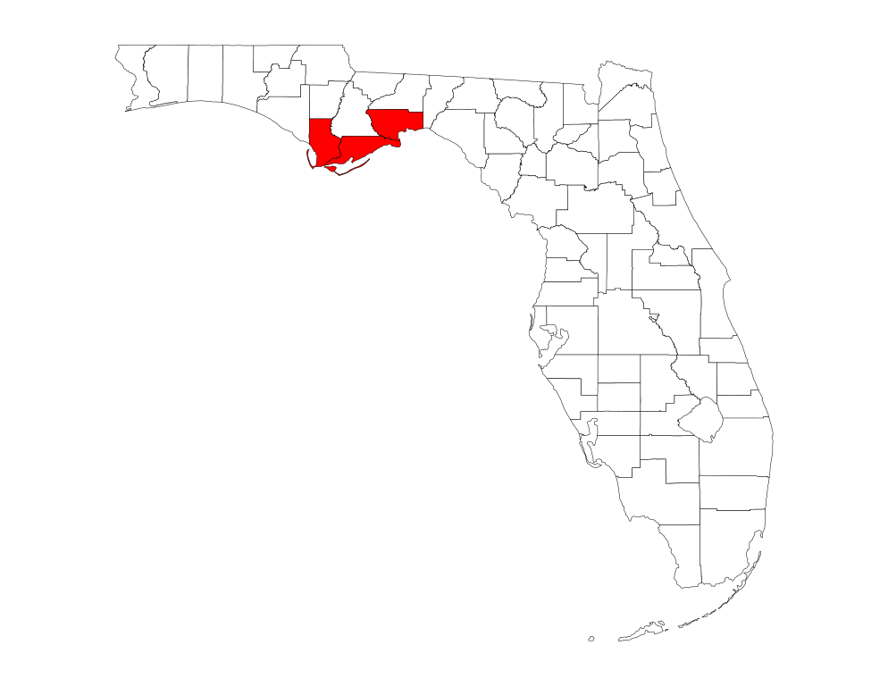 Map of Florida with the Forgotten Coast highlighted in red, showcasing its location along the Gulf Coast.