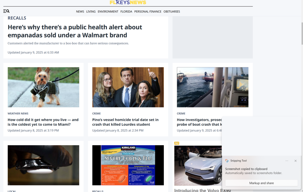 Screenshot of FLKeysNews.com homepage on January 9, 2025, featuring headlines about recalls, weather, crime, and health updates.