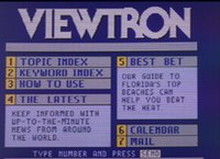 Main menu screen of the Viewtron system, featuring options for news, topic index, guides, calendar, and email services.