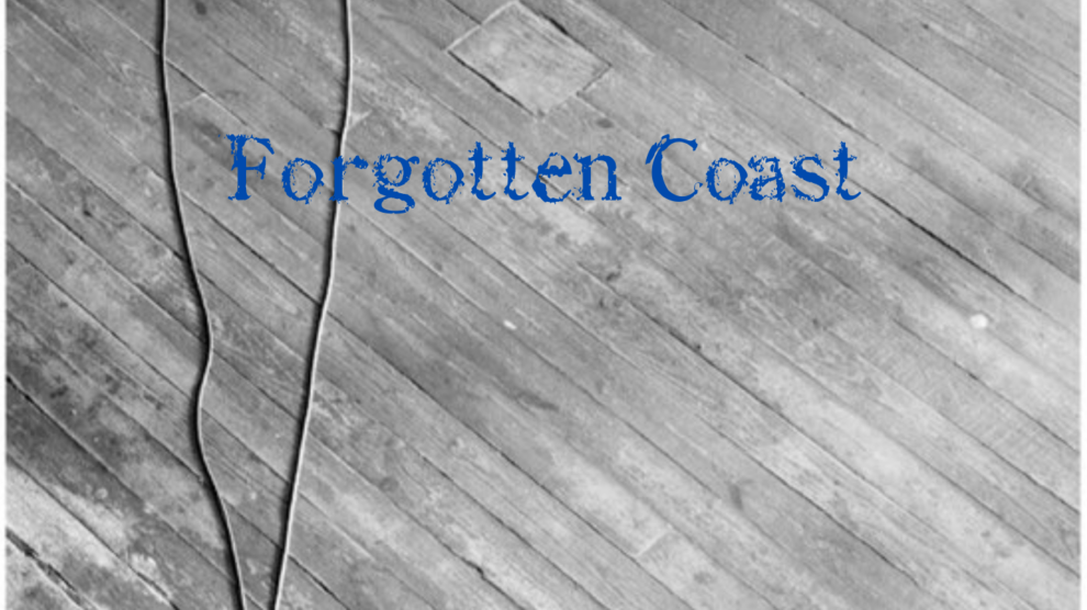 Black-and-white image of wooden floorboards with a coiled cord. Blue text reads "Forgotten Coast," with the names "James McMurtry" and "Complicated Game" at the bottom.