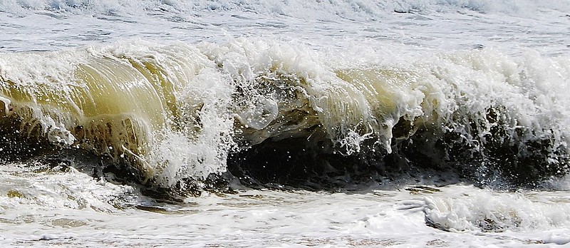 A breaking ocean wave with white foam and sandy water, crashing onto the shore in a display of motion and energy.